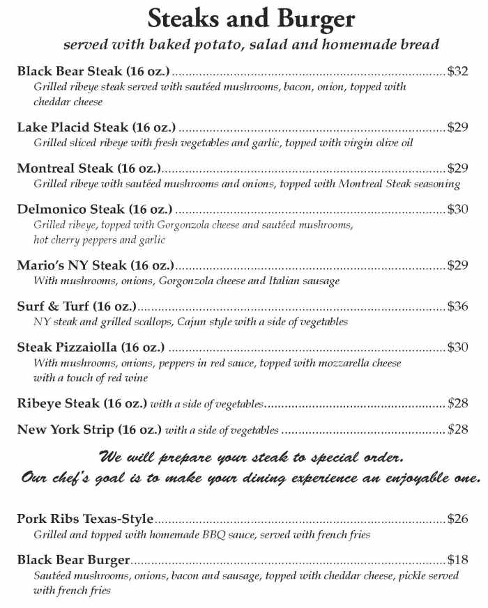 Black Bear Restaurant Menu, Lake Placid, NY