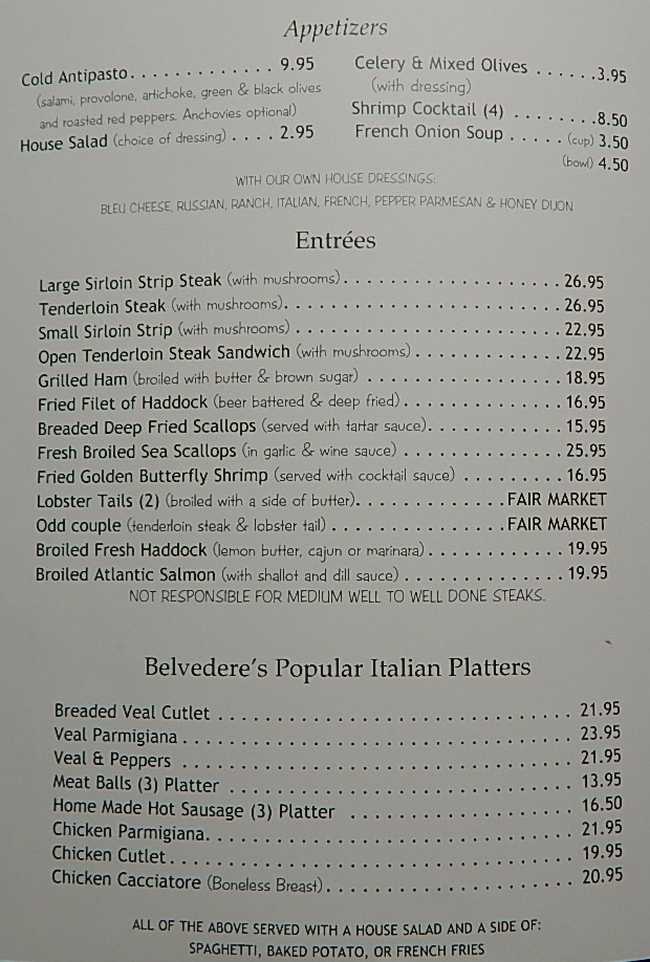 Page 1 of menu, Belvedere Restaurant Saranac Lake, NY