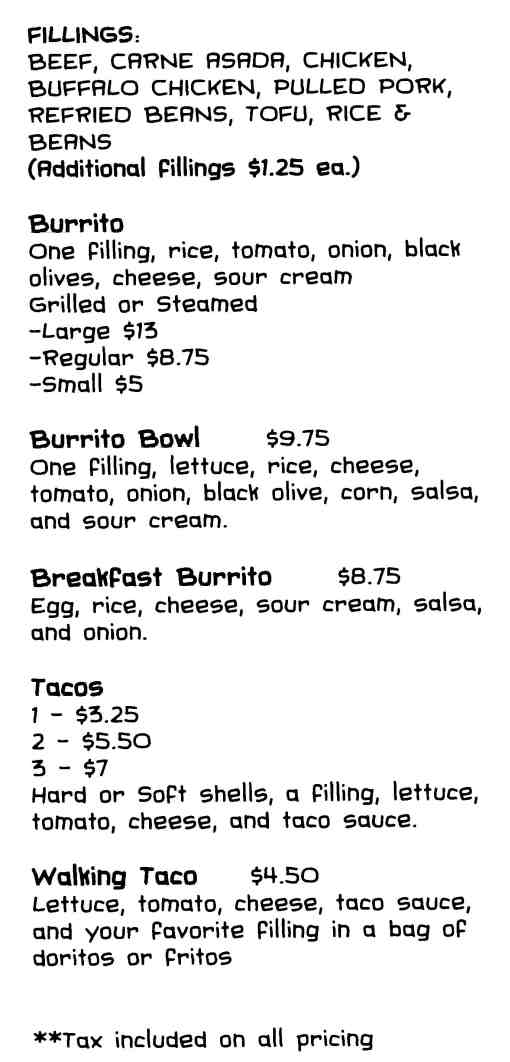 Borracho Taco Menu Saranac Lake Ny