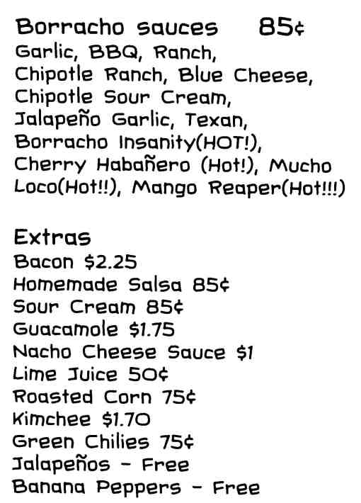 Page 4 of menu, Borracho Taco Saranac Lake, NY