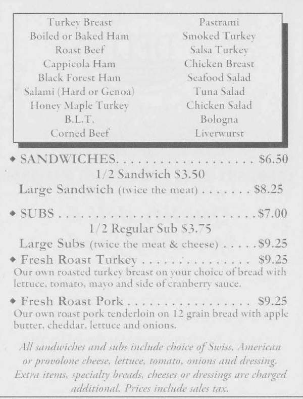 Page 1 of menu, Lakeview Deli Saranac Lake, NY