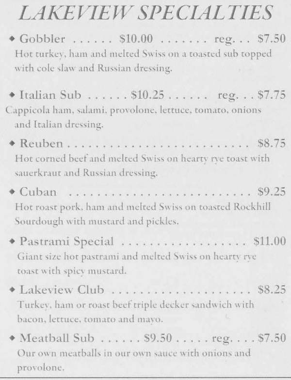 Page 2 of menu, Lakeview Deli Saranac Lake, NY