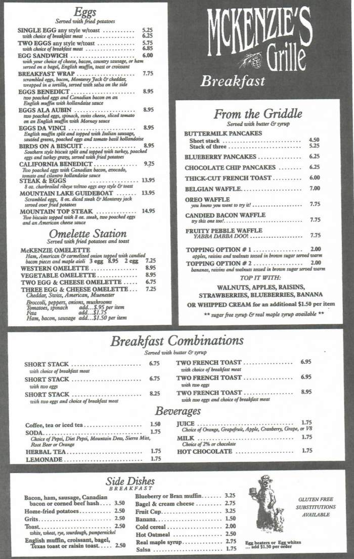 Page 1 of menu, McKenzie's Grille Saranac Lake, NY